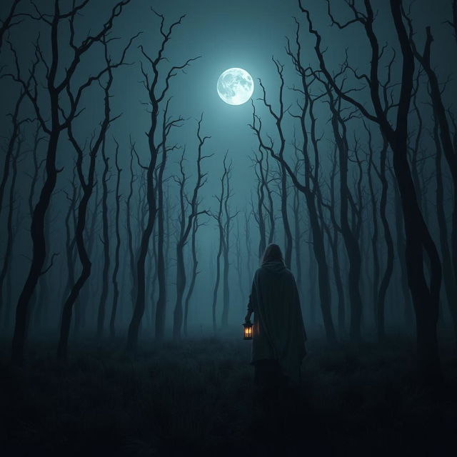 A dark and misty forest completely devoid of grass, featuring tall, twisted dead trees silhouetted against the night sky, which holds no stars