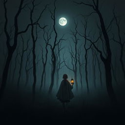 A dark and misty forest completely devoid of grass, featuring tall, twisted dead trees silhouetted against the night sky, which holds no stars