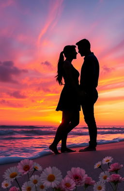 A serene and romantic scene depicting a couple standing on a beach during sunset, their silhouettes framed against the vibrant hues of orange, pink, and purple in the sky