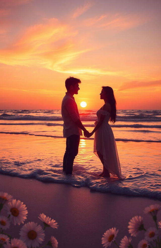 A serene and romantic scene depicting a couple standing on a beach during sunset, their silhouettes framed against the vibrant hues of orange, pink, and purple in the sky