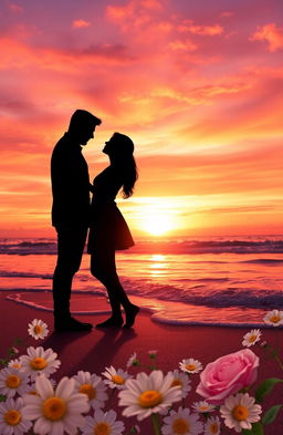 A serene and romantic scene depicting a couple standing on a beach during sunset, their silhouettes framed against the vibrant hues of orange, pink, and purple in the sky