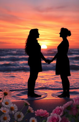 A serene and romantic scene depicting a couple standing on a beach during sunset, their silhouettes framed against the vibrant hues of orange, pink, and purple in the sky