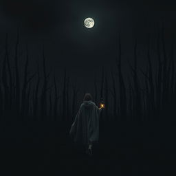 A dark and misty forest devoid of grass, filled with eerie dead trees silhouetted against a pitch-black sky, completely absent of stars