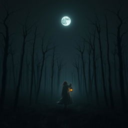 A dark and misty forest devoid of grass, filled with eerie dead trees silhouetted against a pitch-black sky, completely absent of stars