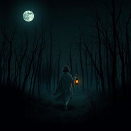 A dark and misty forest devoid of grass, filled with eerie dead trees silhouetted against a pitch-black sky, completely absent of stars