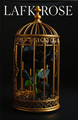 A dark cover featuring a beautiful black rose inside an open golden cage