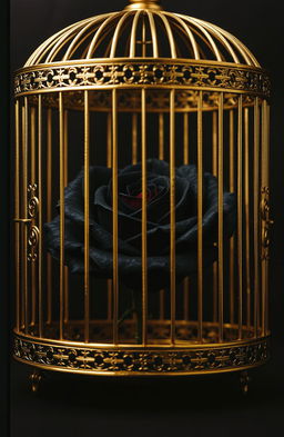 A dark cover featuring a beautiful black rose inside an open golden cage