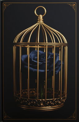 A dark cover featuring a beautiful black rose inside an open golden cage