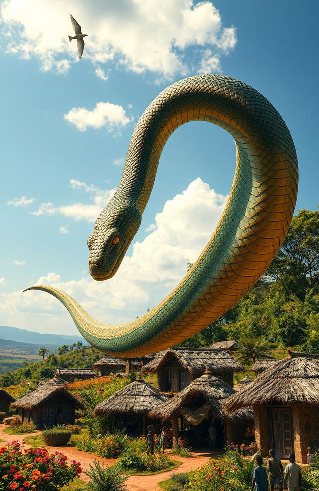 A colossal snake gracefully soaring above a traditional African village, showcasing a vibrant landscape dotted with numerous thatched huts and cultural artifacts