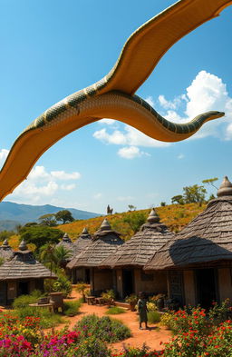 A colossal snake gracefully soaring above a traditional African village, showcasing a vibrant landscape dotted with numerous thatched huts and cultural artifacts