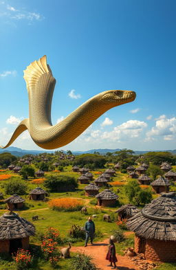 A colossal snake gracefully soaring above a traditional African village, showcasing a vibrant landscape dotted with numerous thatched huts and cultural artifacts