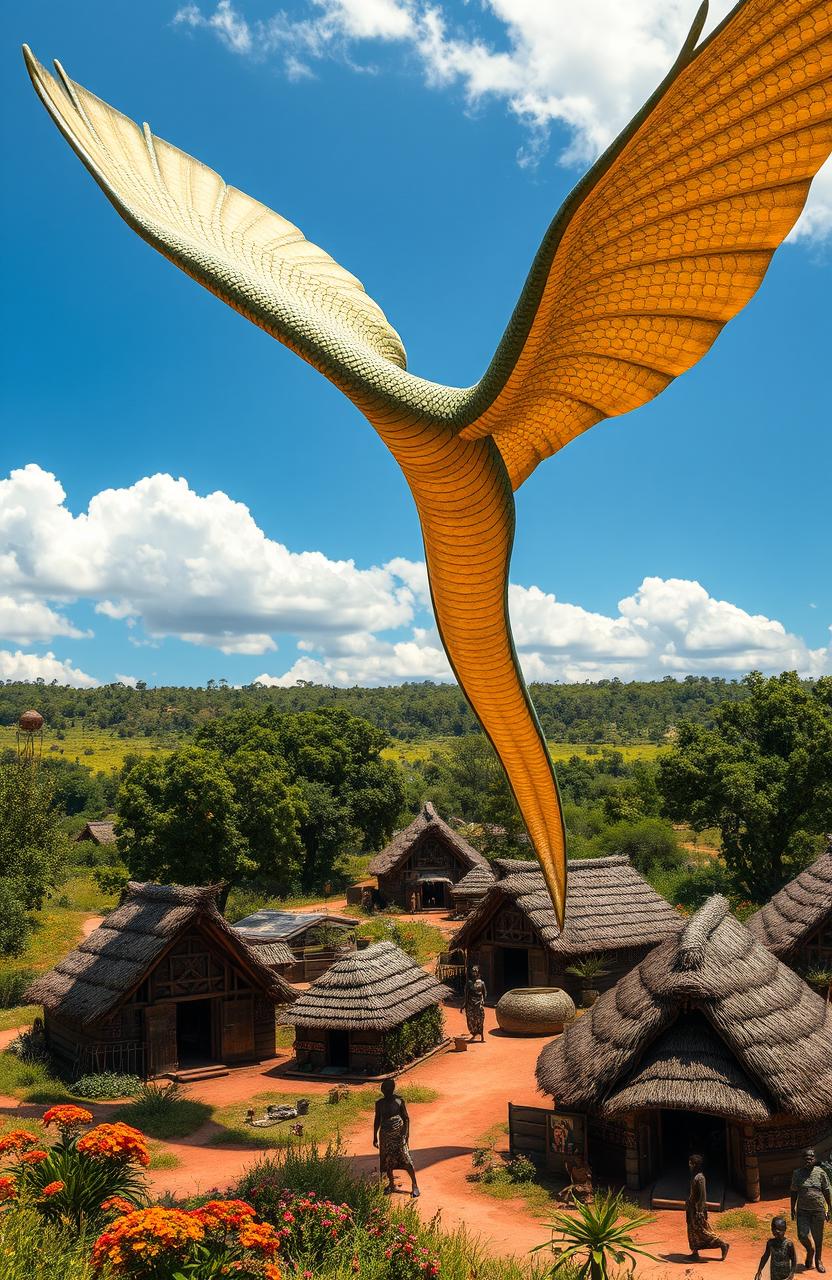 A colossal snake gracefully soaring above a traditional African village, showcasing a vibrant landscape dotted with numerous thatched huts and cultural artifacts