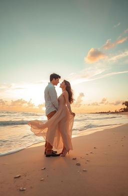 A serene and romantic scene depicting two lovers standing on a beach at sunset, with warm golden and pink hues in the sky reflecting on the calm waves