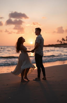 A serene and romantic scene depicting two lovers standing on a beach at sunset, with warm golden and pink hues in the sky reflecting on the calm waves