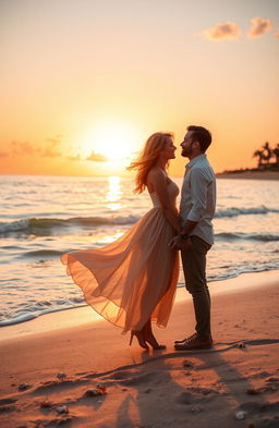 A serene and romantic scene depicting two lovers standing on a beach at sunset, with warm golden and pink hues in the sky reflecting on the calm waves