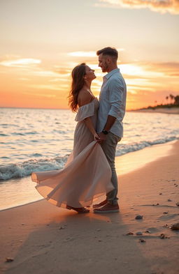 A serene and romantic scene depicting two lovers standing on a beach at sunset, with warm golden and pink hues in the sky reflecting on the calm waves