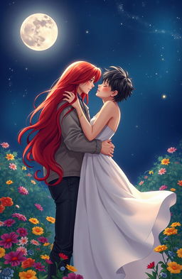 A romantic scene depicting a fictional couple locked in an embrace under a starry night sky