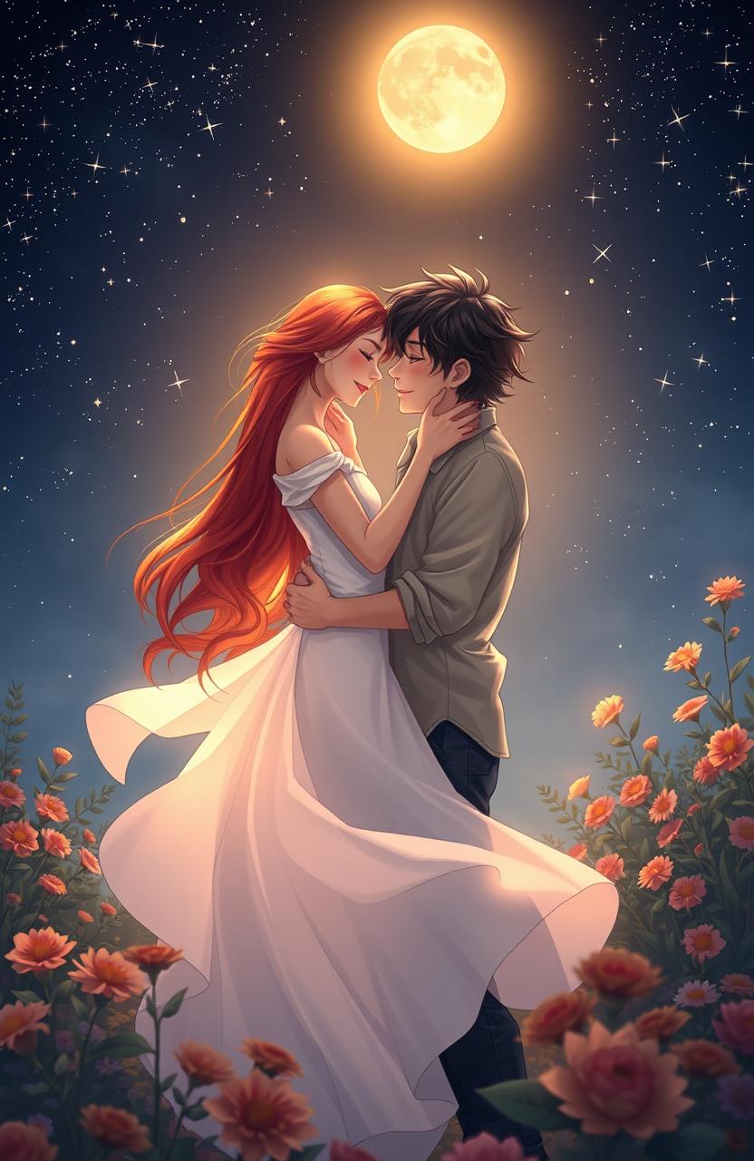 A romantic scene depicting a fictional couple locked in an embrace under a starry night sky