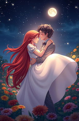 A romantic scene depicting a fictional couple locked in an embrace under a starry night sky