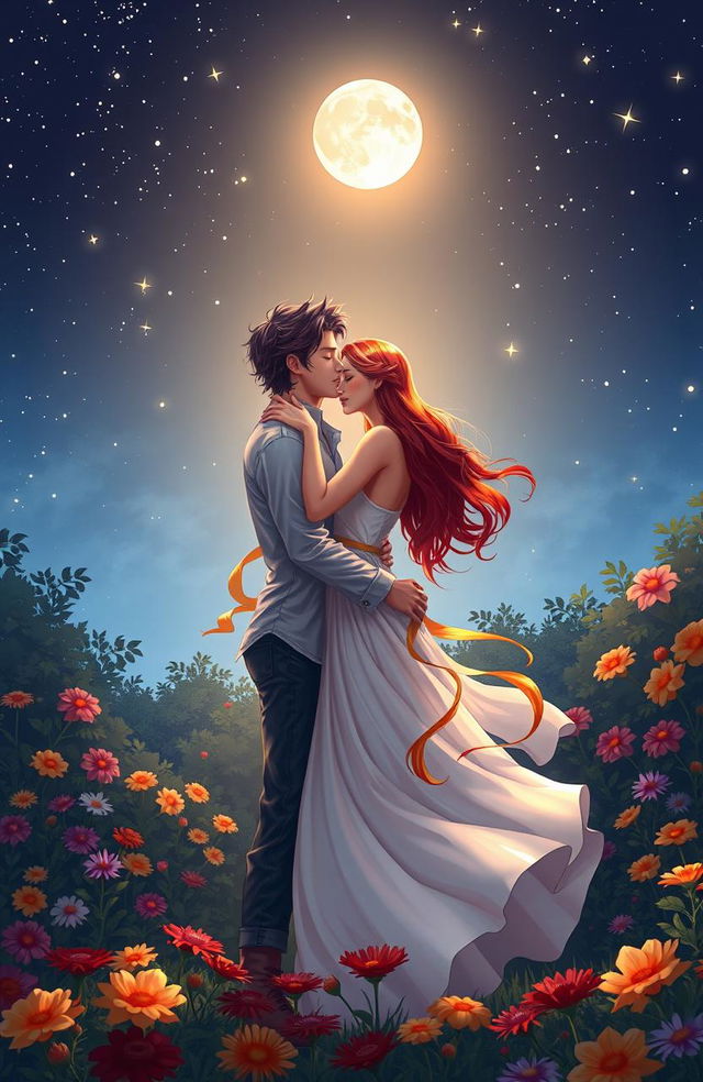 A romantic scene depicting a fictional couple locked in an embrace under a starry night sky