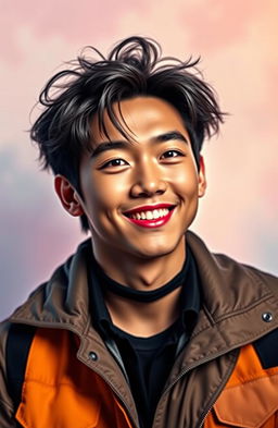A vibrant portrait of a handsome Asian male with a striking smile, resembling a K-pop star, styled like Kim Taehyung