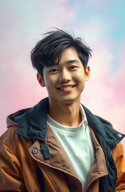 A vibrant portrait of a handsome Asian male with a striking smile, resembling a K-pop star, styled like Kim Taehyung
