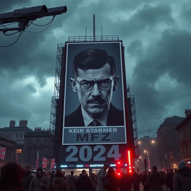 A dystopian scene inspired by George Orwell's 1984, set in the year 2024, featuring a towering poster of British Prime Minister Keir Starmer as the embodiment of Big Brother