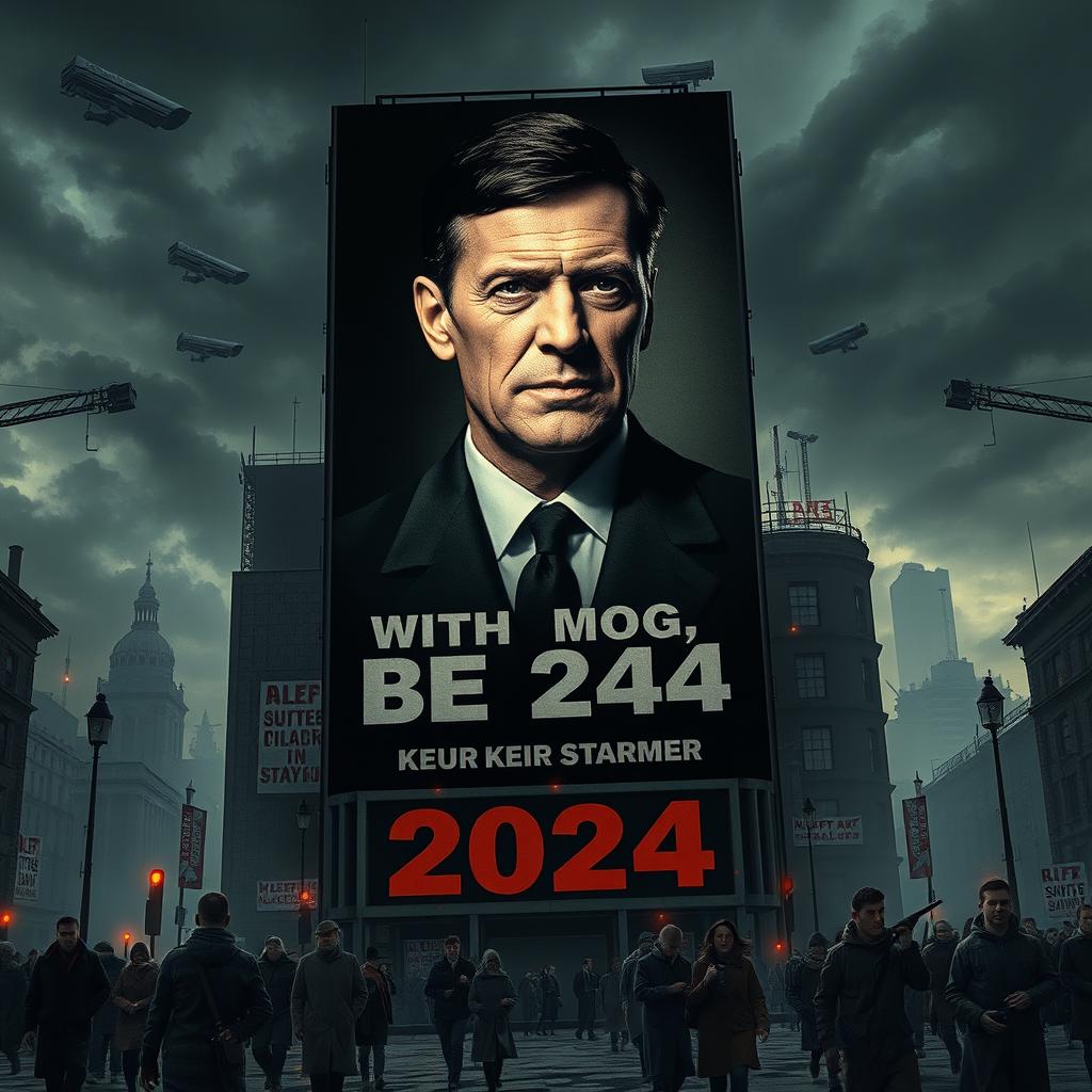 A dystopian scene inspired by George Orwell's 1984, set in the year 2024, featuring a towering poster of British Prime Minister Keir Starmer as the embodiment of Big Brother