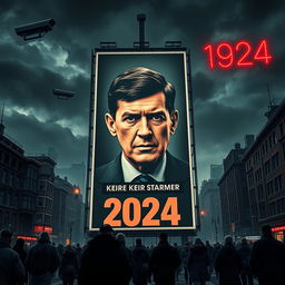 A dystopian scene inspired by George Orwell's 1984, set in the year 2024, featuring a towering poster of British Prime Minister Keir Starmer as the embodiment of Big Brother