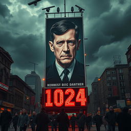 A dystopian scene inspired by George Orwell's 1984, set in the year 2024, featuring a towering poster of British Prime Minister Keir Starmer as the embodiment of Big Brother
