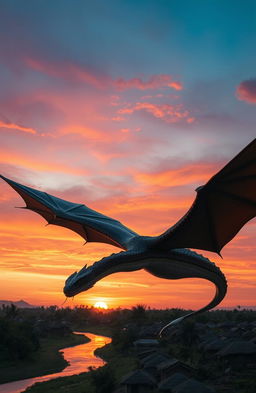 At dusk, a magnificent, enormous snake resembling a dragon gracefully flies over a traditional African village filled with various huts
