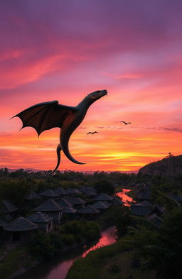 At dusk, a magnificent, enormous snake resembling a dragon gracefully flies over a traditional African village filled with various huts