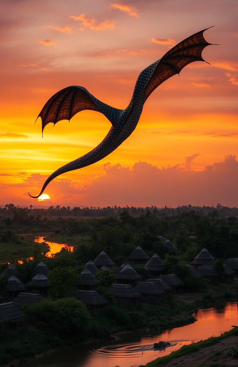 At dusk, a magnificent, enormous snake resembling a dragon gracefully flies over a traditional African village filled with various huts