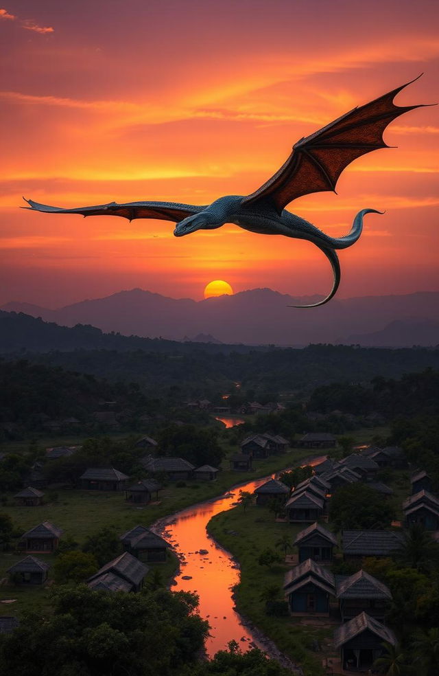 At dusk, a magnificent, enormous snake resembling a dragon gracefully flies over a traditional African village filled with various huts