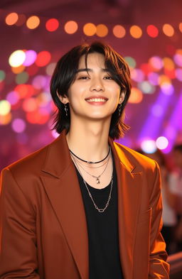 Portrait of Kim Taehyung, also known as V from BTS, standing confidently in a stylish outfit, with a playful smile on his face