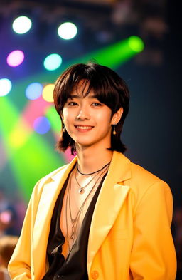 Portrait of Kim Taehyung, also known as V from BTS, standing confidently in a stylish outfit, with a playful smile on his face
