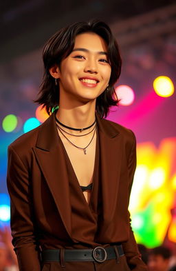 Portrait of Kim Taehyung, also known as V from BTS, standing confidently in a stylish outfit, with a playful smile on his face