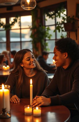 A warm and intimate romantic scene set in a cozy café during sunset, where a couple is deeply engaged in conversation, their hands gently touching on the table