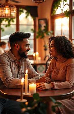 A warm and intimate romantic scene set in a cozy café during sunset, where a couple is deeply engaged in conversation, their hands gently touching on the table