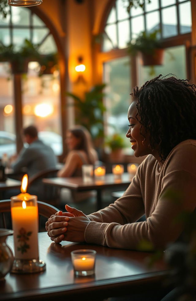 A warm and intimate romantic scene set in a cozy café during sunset, where a couple is deeply engaged in conversation, their hands gently touching on the table