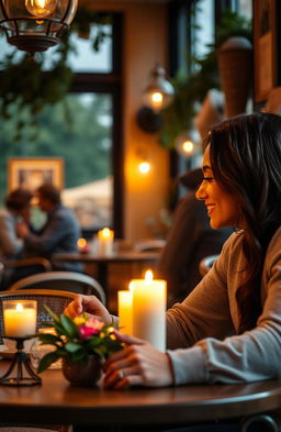 A warm and intimate romantic scene set in a cozy café during sunset, where a couple is deeply engaged in conversation, their hands gently touching on the table