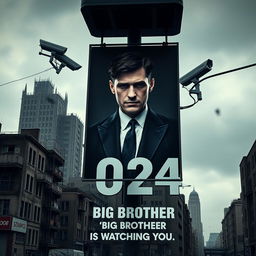A dystopian world inspired by George Orwell's '1984' set in the year 2024, featuring a large poster with Keir Starmer portrayed as Big Brother