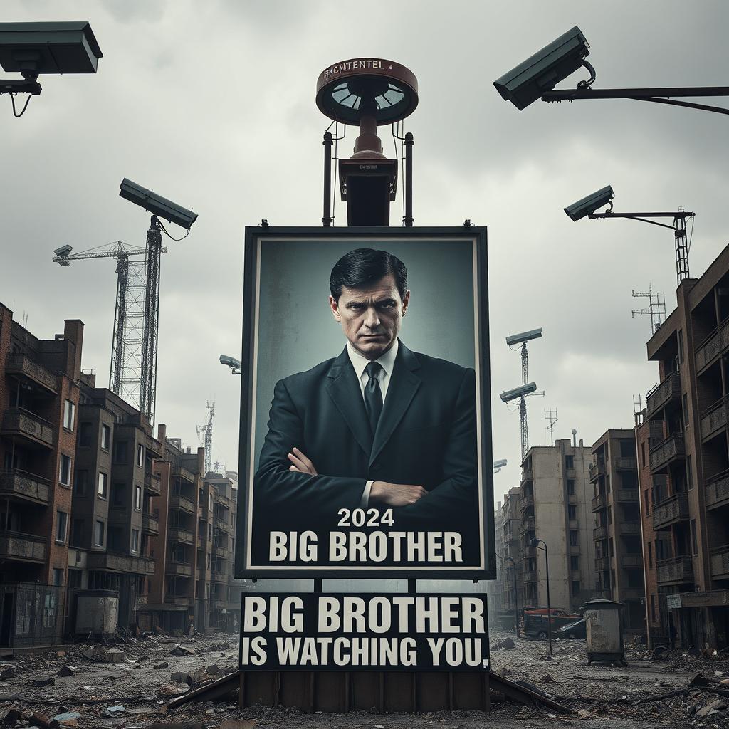 A dystopian world inspired by George Orwell's '1984' set in the year 2024, featuring a large poster with Keir Starmer portrayed as Big Brother