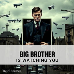 A dystopian world inspired by George Orwell's '1984' set in the year 2024, featuring a large poster with Keir Starmer portrayed as Big Brother