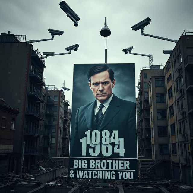 A dystopian world inspired by George Orwell's '1984' set in the year 2024, featuring a large poster with Keir Starmer portrayed as Big Brother