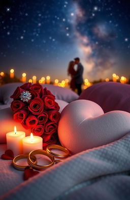 A romantic scene depicting various symbols of love, including a heart-shaped arrangement of red roses, a sparkling diamond ring, intertwined golden wedding bands, and soft, glowing candles against a backdrop of a starry night sky