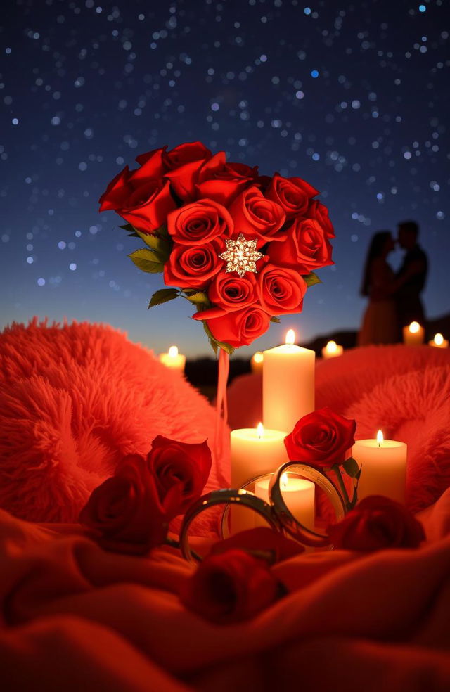 A romantic scene depicting various symbols of love, including a heart-shaped arrangement of red roses, a sparkling diamond ring, intertwined golden wedding bands, and soft, glowing candles against a backdrop of a starry night sky