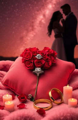 A romantic scene depicting various symbols of love, including a heart-shaped arrangement of red roses, a sparkling diamond ring, intertwined golden wedding bands, and soft, glowing candles against a backdrop of a starry night sky