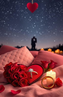 A romantic scene depicting various symbols of love, including a heart-shaped arrangement of red roses, a sparkling diamond ring, intertwined golden wedding bands, and soft, glowing candles against a backdrop of a starry night sky