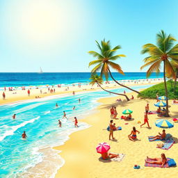 A vibrant and colorful summer scene featuring a sunny beach with golden sands, clear blue ocean waves gently lapping at the shore, and a clear sky